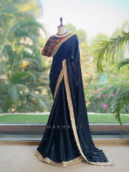 Rati Black Saree with Gota Patti Border & Multicolor Embroidered Readymade Blouse