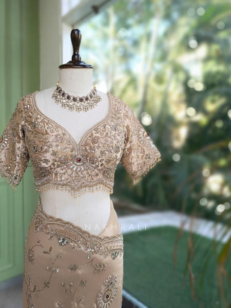 Celestine Beige Crushed Shimmer Silk Tissue & Silk Georgette Blend Saree