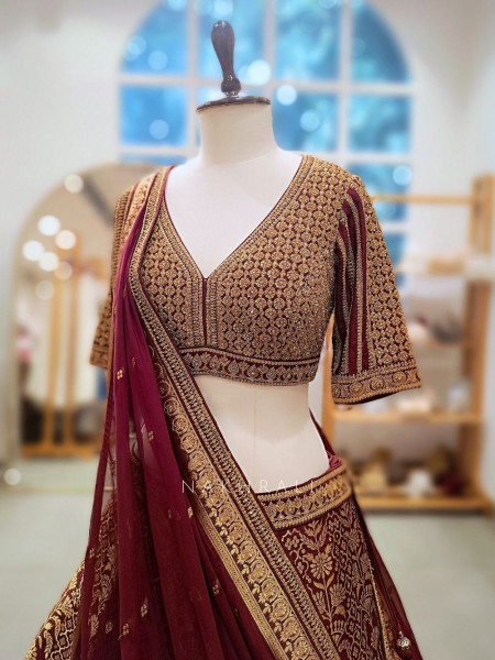 Veerangana Maroon Silk Bridal Lehenga with Zari Weave