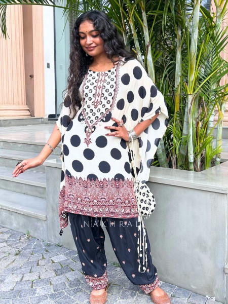 Dot-Dot Cream & Black Modal Satin Kaftan Set Polka Dot, Cowrie & Coin Detail