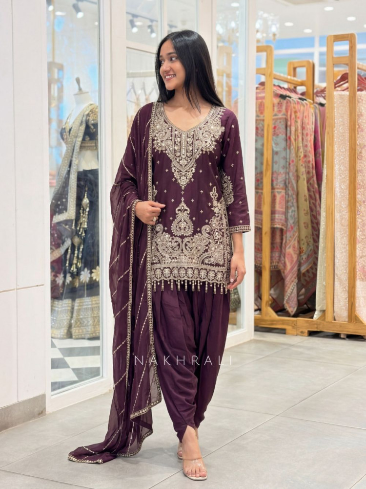Image of Nirali Wine Dhoti Pant Suit Set with Detailed Embroidery