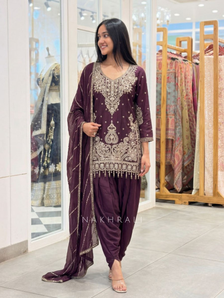 Nirali Wine Dhoti Pant Suit Set with Detailed Embroidery