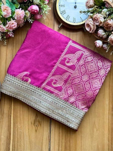 Tavira Purple Saree with Broad Border and Unstitched Blouse Piece