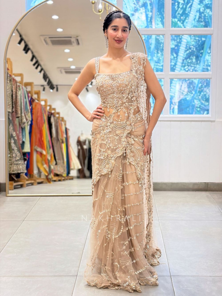 Image of Chantilly Pearl Beige Corset Drape Saree