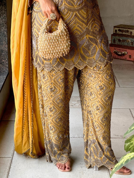 Nayra Mustard Suit Set with Cut Dana & Bead Work