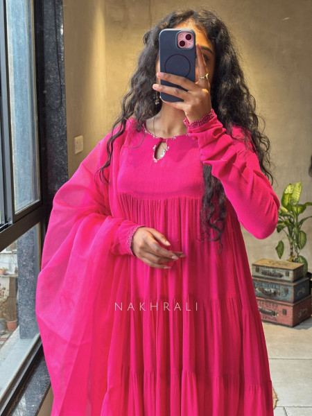 Calira Magenta Cotton Anarkali Suit Set with Organza Dupatta