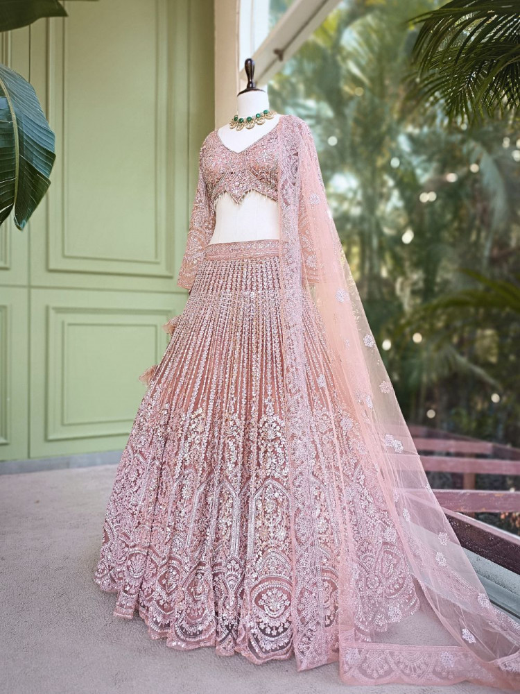 Image of Chandani Peach Lehenga Set with Embroidery, Beads &amp; Sequin Work