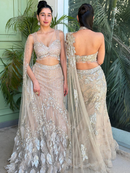 Aurevia Beige Indo-Western Mermaid Lehenga with Sequin and Pearl Work