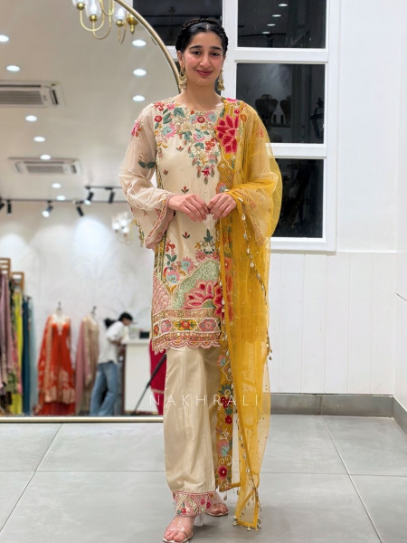Fiesta Flora Cream Suit Set With Multicolor Floral Embroidery