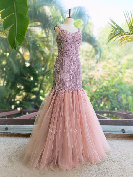 Roselle Pink Net Mermaid Gown with Sequin Work