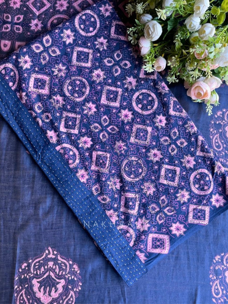 Rivana Blue Printed Dress Material with Handcrafted Motif Work