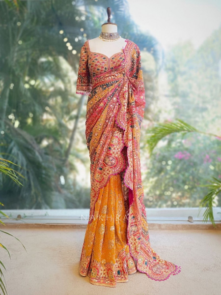 Nakkashi Mustard Bridal Sequin Zari Saree with Ready Blouse