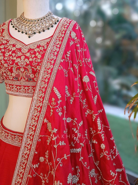 Kritisha Crimson Red Raw Silk, Silk Organza & Tulle Net Bridal Lehenga Set