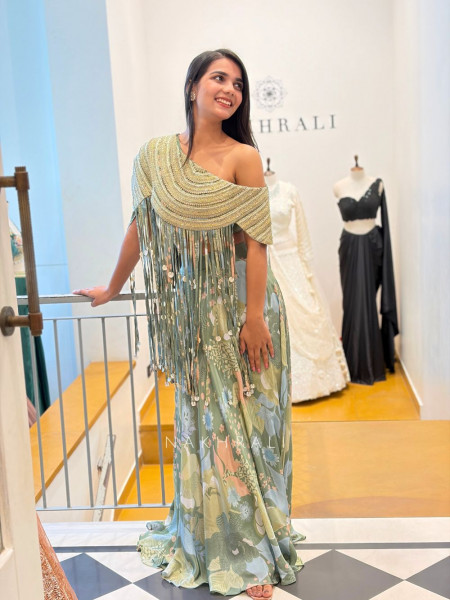 Lahari Green Embellished Crop Top Skirt Set with Cape