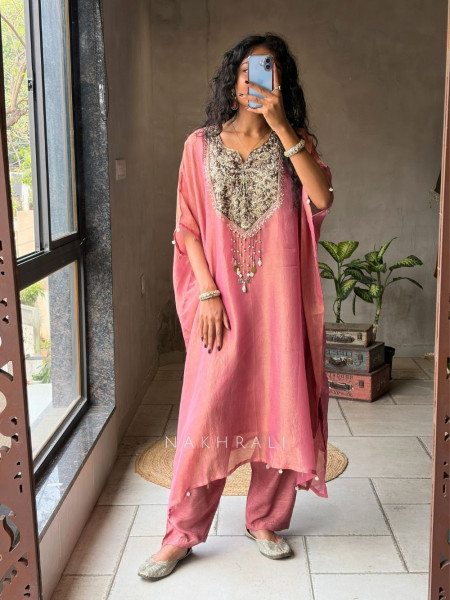 Riyana Pink Kaftan Set with Heavy Embroidered Neckline