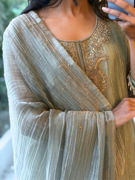 Kashini Sea Green Crinkle Tissue Silk Suit Set