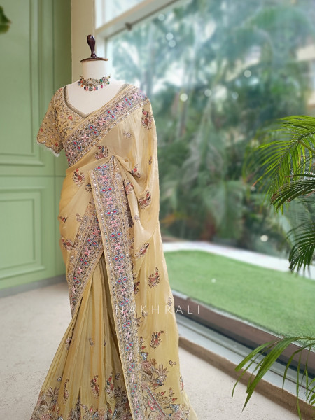 Kanika Golden Georgette Designer Saree with Readymade Blouse