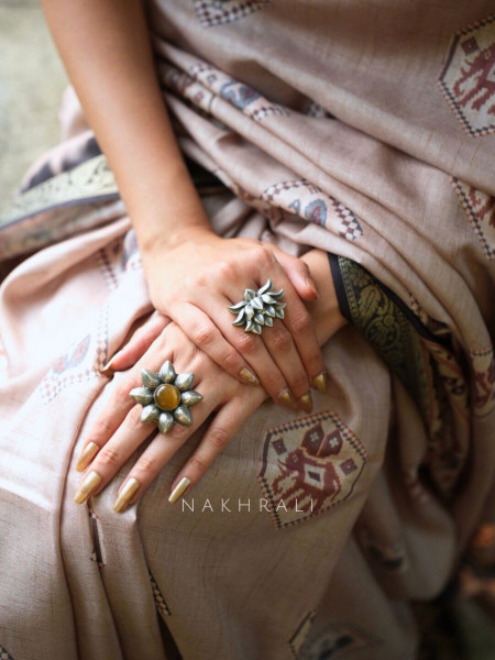 Taruja Beige Silk Saree with Traditional Print