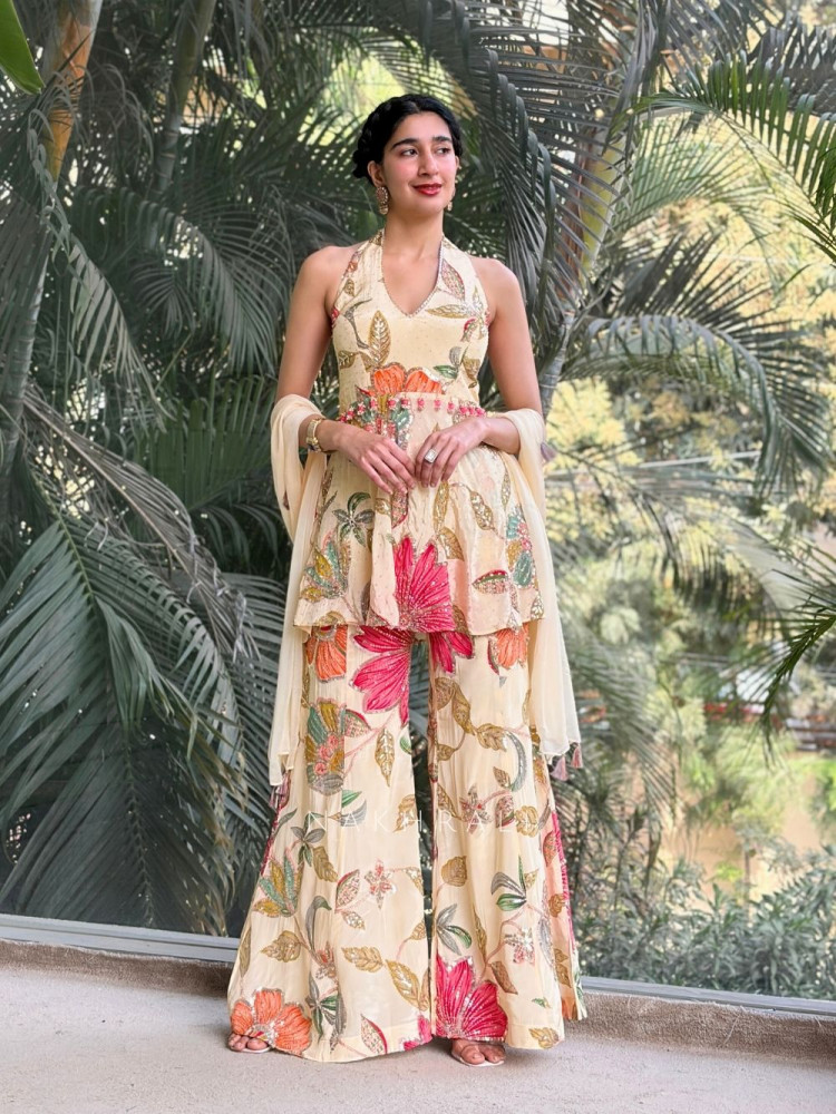 Image of Garden Bloom Cream Indo-Western Peplum Set