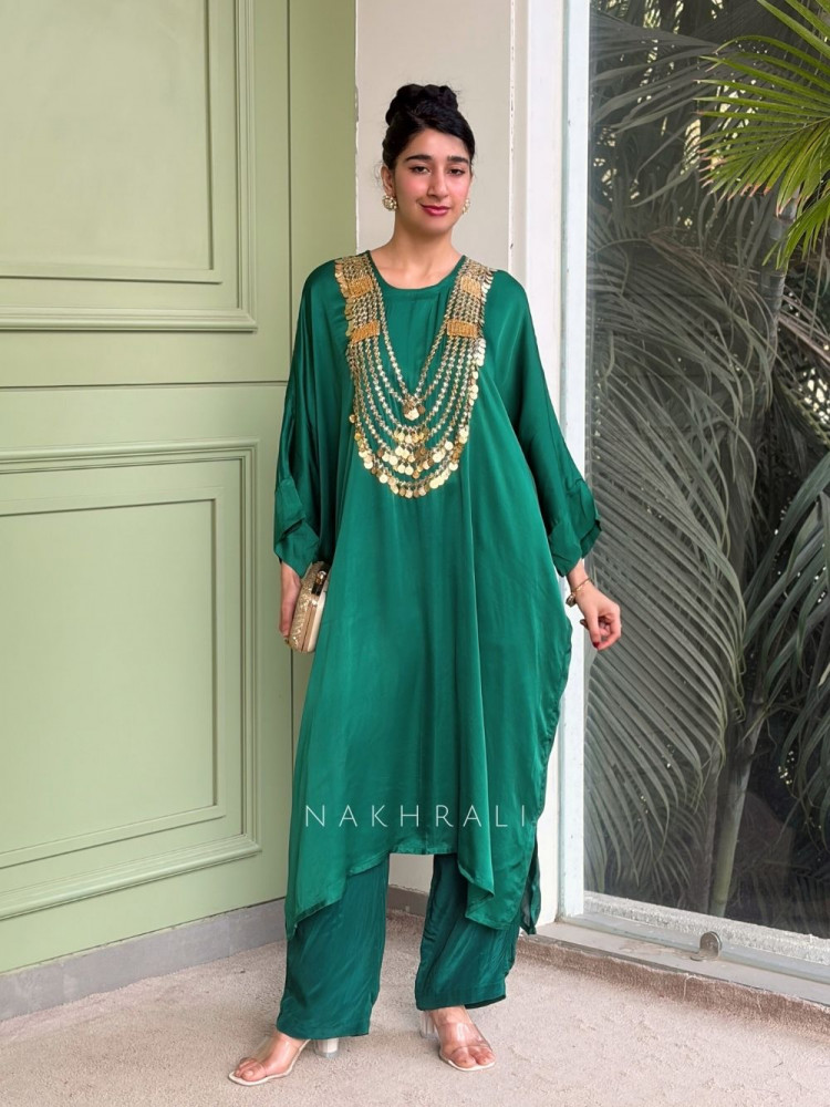 Image of Kashvi Green Pant Kurta Set with Statement Coin Work