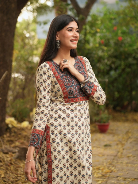 Yasmin Beige Cotton Kurta with Sequin Patch Work