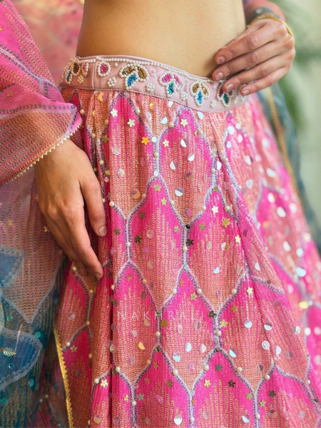 Azmira Blue Pink Floral Lehenga Set with Sequin and Bead Work