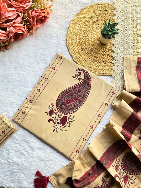 Vasudha Beige Cotton Dress Material with Paisley Print