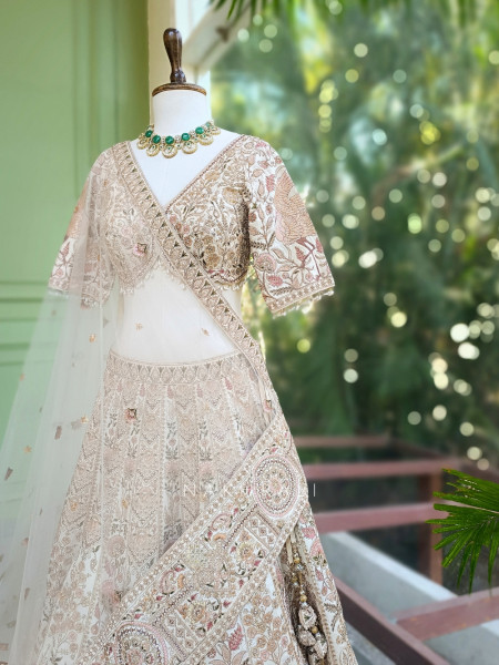 Elara Beige Bridal Indo Western Lehenga with Thread, Stone and Sequin Embroidery