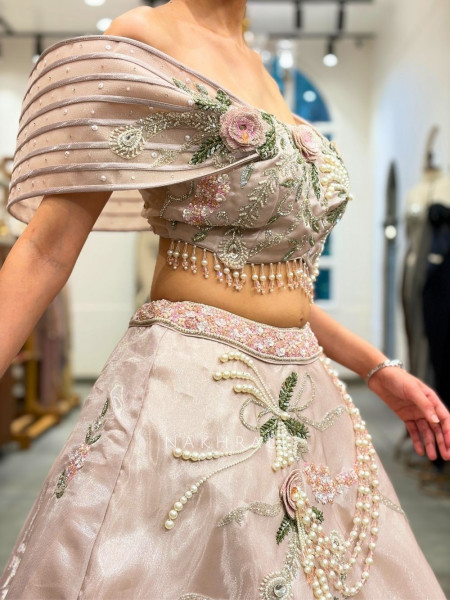 Rosamund Light Pink Tissue Silk Blend Indo Western Lehenga  With 3D Floral Pearl Embroidery