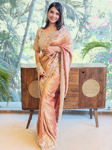 Radiant Caramel Gold Saree with Zardozi Work