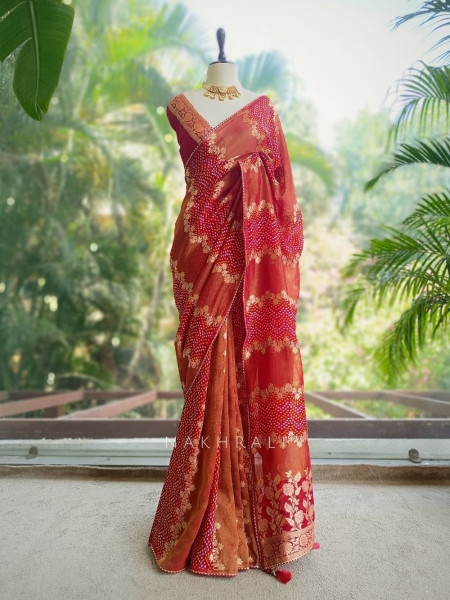 Morvyn Red Saree with Bandhani Print and Zari Weave