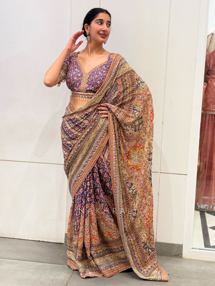 Image of Aravali Purple Printed Saree with Stone Beads and Sequin Work