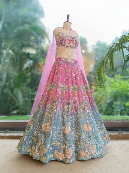 Lotus Loom Blue & Pink Raw Silk Carnival Lehenga