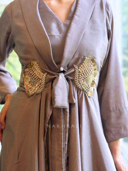 Avelora Brown Indo-Western Layered Set with Embellished Bow Detail