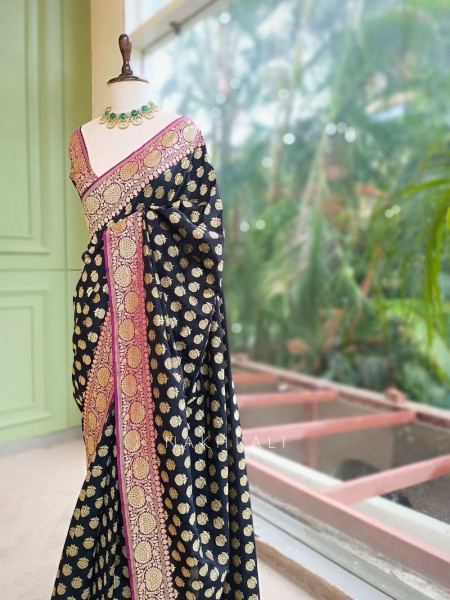 Obsidian Rose Black Banarasi Silk Blend Saree