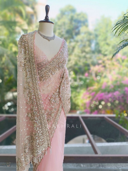 Starlit Pink Net Saree with Cut Dana Bead and Sequin Work