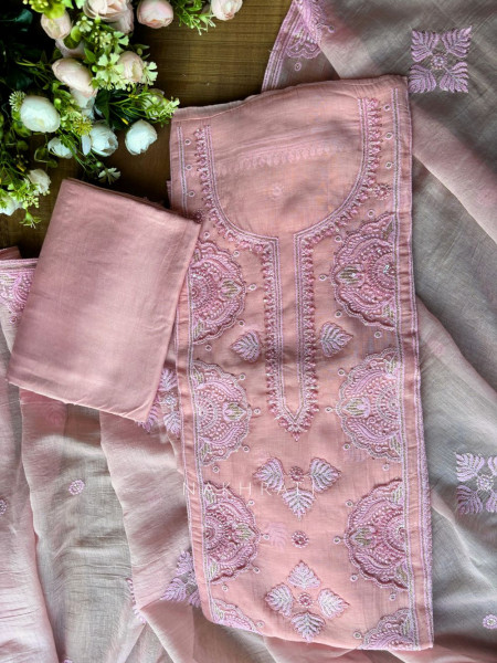 Mridula Pink Dress Material with Hand Cut Dana Detailing
