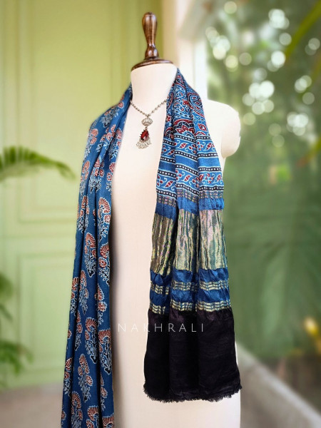 Iraaya Blue Modal Silk Dupatta with Ajrakh Print and Zari Accents