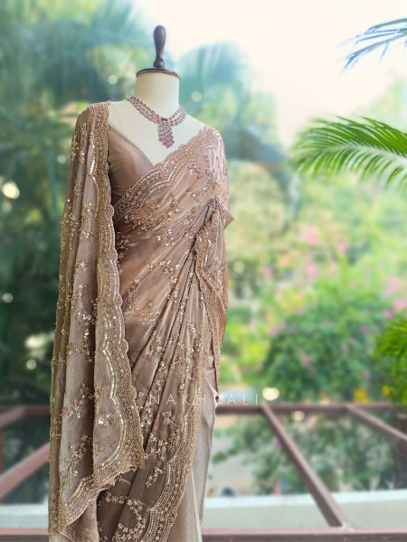 Rimsun Brown Sequin & Bead Embellished Saree