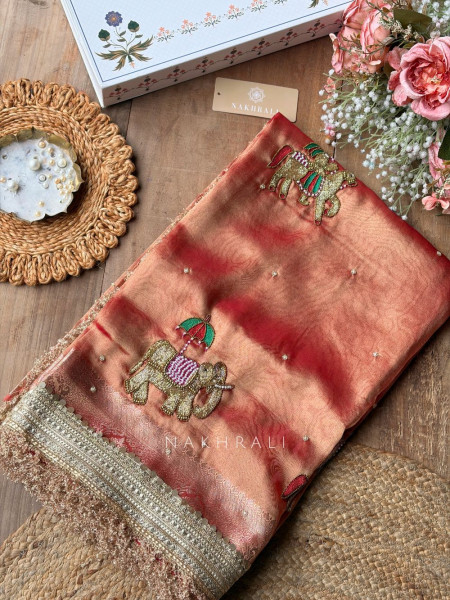 Rajvanya Copper Rose Banarasi Katan Tissue Silk Saree