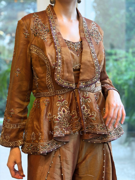Enchanted Brown Metallic Tissue Silk Indo-Western Palazzo Set