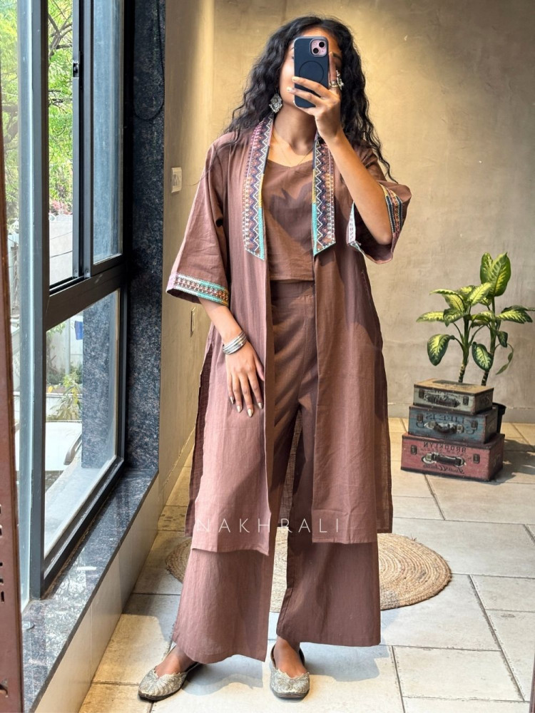 Image of Brivon Brown Co-ord Set with Embroidered Jacket Detailing