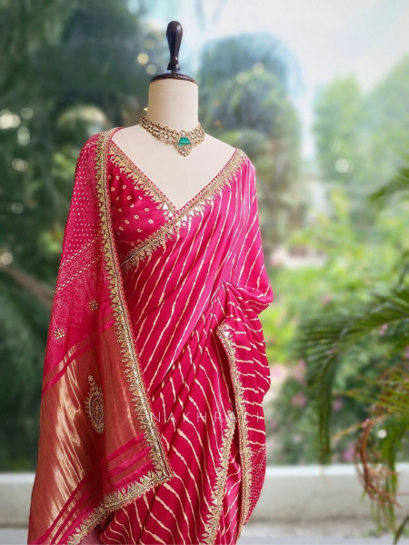 Gulnaar Red Saree with Zari Bandhej Work