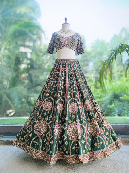 Mrinalika Green Gaji Silk Lehenga Set With Zardozi Resham & Jharokha Work