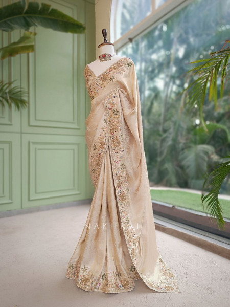 Varnikaa Cream Tissue Saree with Multicolor Resham & Zardozi Embroidery