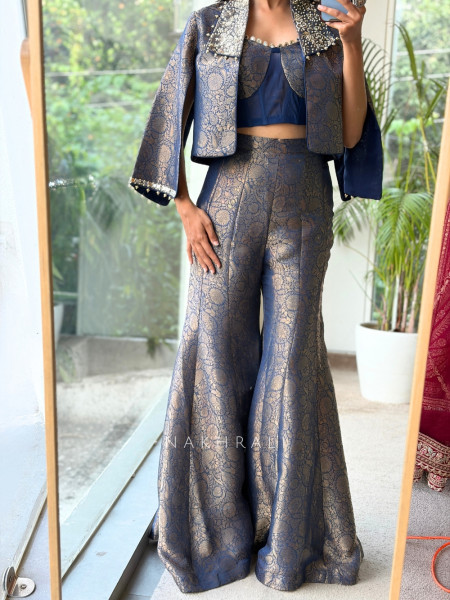 Vesper Blue Metallic Brocade Split-Sleeve Indo-western