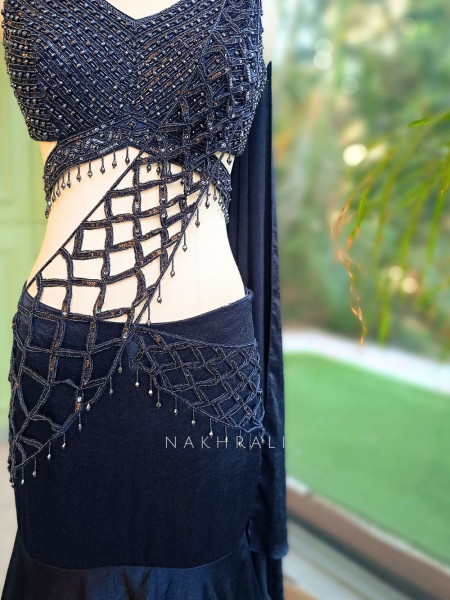 Shadow Fish-Cut Dark Navy Blue  Shimmer Metallic Georgette Silk Indo-Western Lehenga