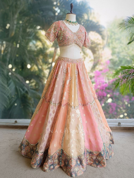 Zivara Peach Lehenga Set with Mirror and Gota Work