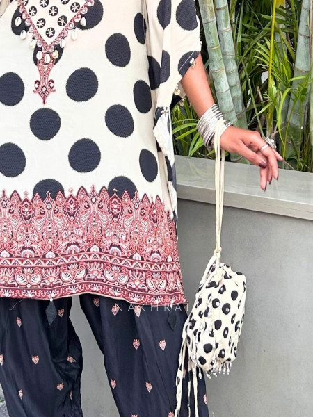 Dot-Dot Cream & Black Modal Satin Kaftan Set Polka Dot, Cowrie & Coin Detail