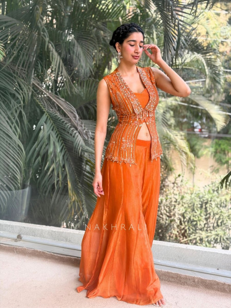 Citrine Ember Orange Crop Top Palazzo Set with Embroidered Jacket